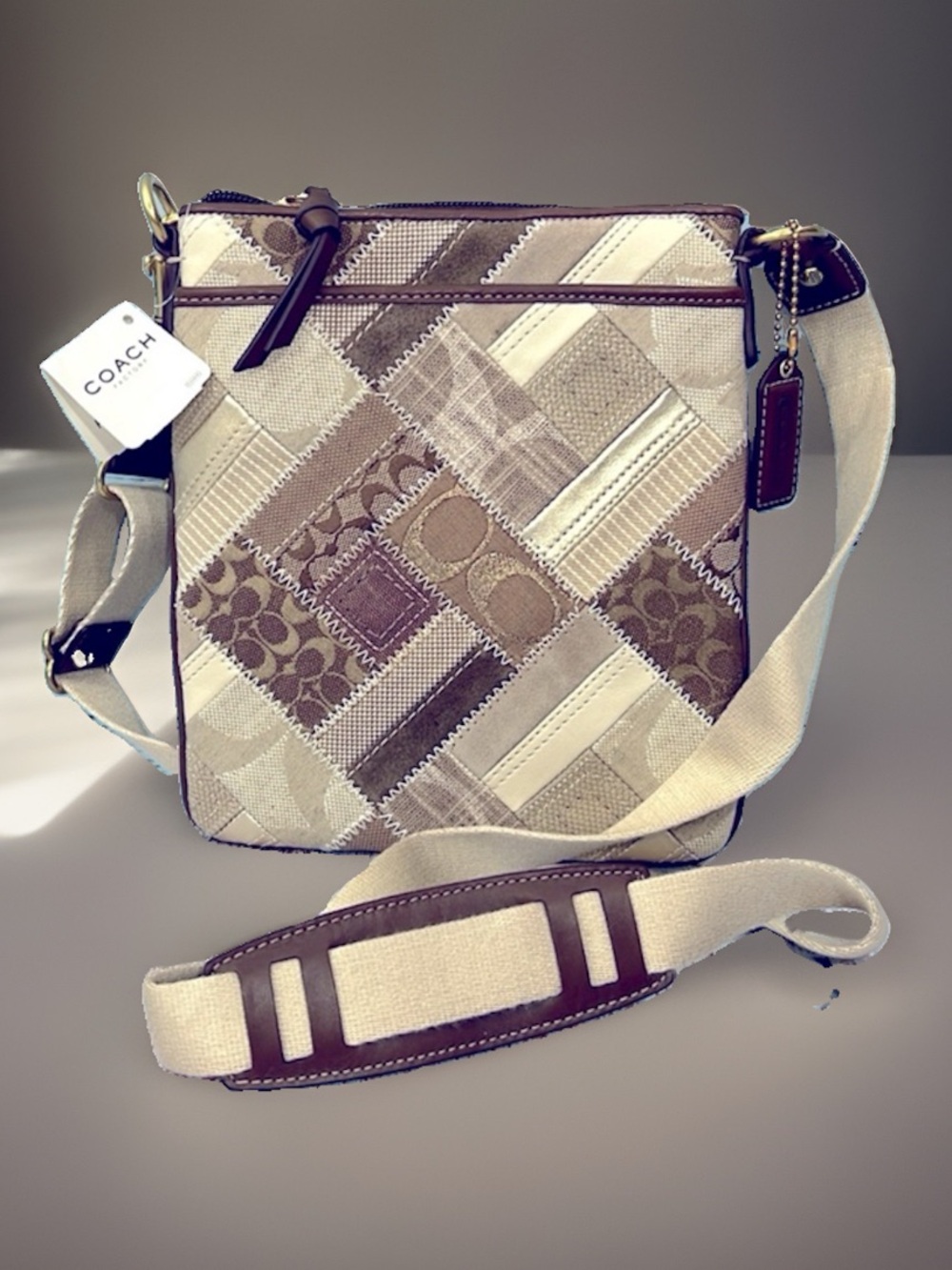 🌺 COACH KHAKI PATCHWORK BROWN MULTI SWINGPACK BRASS KHAKI CROSSBODY F41705